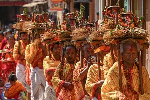 Representational image: Hindu devotees take part in a religious procession on the occasion of the Madhav Narayan festival in Bhaktapur on the outskirts of Kathmandu