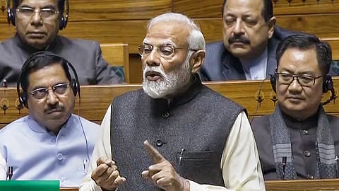 Prime Minister Narendra Modi replies to the 'Motion of Thanks' on the President's address in Lok Sabha during the Budget session of Parliament, in New Delhi, Monday, Feb. 5, 2024.