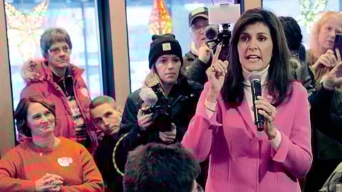 Republican presidential hopeful Nikki Haley speaks with supporters Jan. 15, 2024, in Des Moines, Iowa.