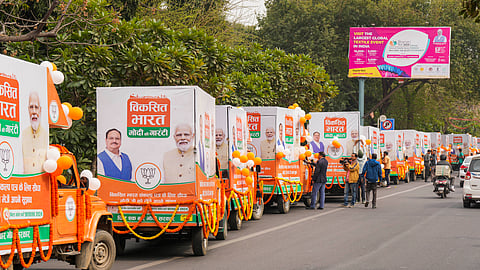 Viksit Bharat Modi Ki Guarantee Raths during their flagging off by BJP National President J P Nadda, in New Delhi.