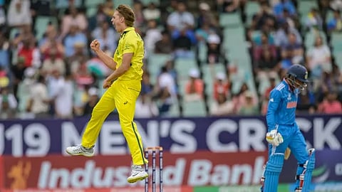 Mahli Beardman celebrates the wicket of Uday Saharan during the ICC Under-19 Cricket World Cup final.