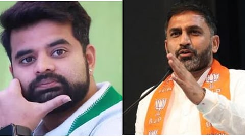 Hassan sitting JDS MP Prajwal Revanna and BJP state general secretary Preetam J Gowda.