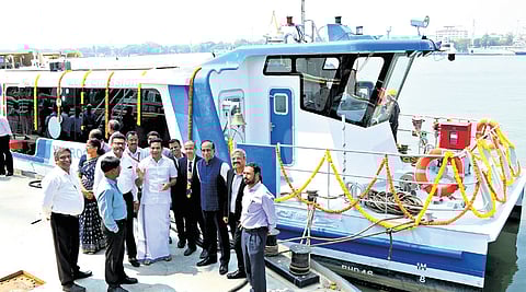 Cochin Shipyard Ltd CMD Madhu S Nair and MP Hibi Eden at the launch of India’s first hydrogen fuel cell vessel built at the shipyard in Kochi on Wednesday.