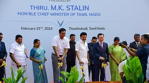 MK Stalin laying the foundation for an e-car plant in Thoothukudi.
