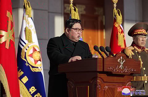 North Korea's leader Kim Jong Un giving a speech during a visit to the Ministry of National Defense in Pyongyang to mark the 76th founding anniversary of the Korean People's Army.