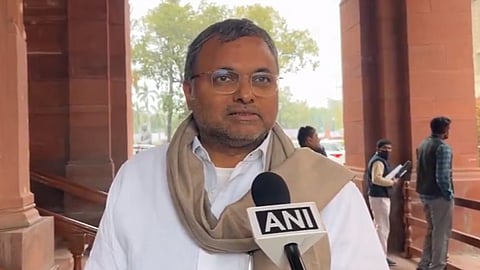 Congress MP Karti Chidambram outside the Parliament building in New Delhi.