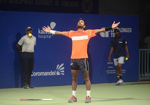 Sumit Nagal reacts after winning the Chennai Challenger title on Sunday