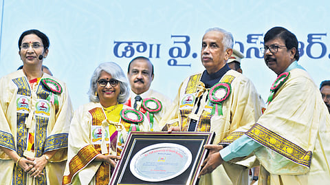 Governor S Abdul Nazeer presenting the doctorate to Dr Pratima Murthy at the 26th convocation of Dr YSR University of Health Sciences