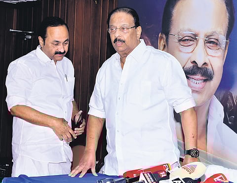 KPCC president K Sudhakaran and Opposition leader V D Satheesan during the press meet in Kochi on Tuesday