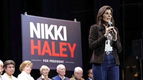Republican presidential candidate and former UN Ambassador Nikki Haley speaks during a campaign rally on Monday, Feb. 5, 2024, in Aiken, S.C.