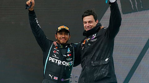 Mercedes driver Lewis Hamilton of Britain and Mercedes team principal Toto Wolff.