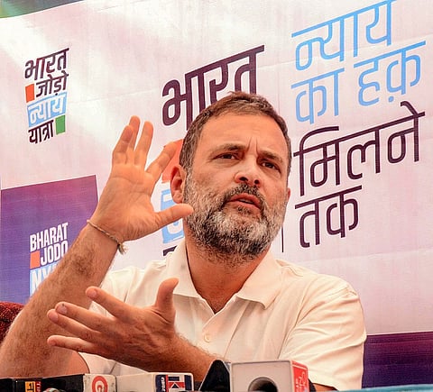 Congress leader Rahul Gandhi addresses the media during the 'Bharat Jodo Nyay Yatra'', in Gumla district, Tuesday, Feb. 6, 2024.