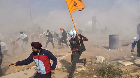 Tear gas being fired upon the protesting farmers at the Shambhu Border during the Bharat Bandh in Patiala district