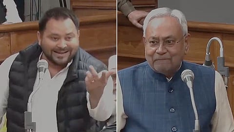 A collage of RJD leader Tejashwi Yadav (L) and Chief Minister Nitish Kumar speaking during the trust vote in the Bihar Assembly on Monday, Feb 12, 2024.