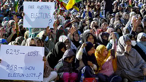 Supporters of the Hazara Democratic Party (HDP) take part in a sit-in protest in Quetta on February 14, 2024, amid claims of alleged vote-rigging in Pakistan's national elections.