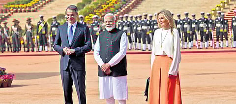PM Narendra Modi with Greek premier Kyriakos Mitsotakis and wife Mareva Grabowski-Mitsotaki on Wednesday.