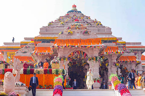 Prime Minister Narendra Modi at the Ram Mandir after the 'Pran Pratishtha' rituals, in Ayodhya, Monday, Jan. 22, 2024.