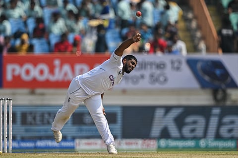 England's Rehan Ahmed delivers a ball during the first day of the third Test cricket match between India and England at Niranjan Shah stadium in Rajkot on February 15, 2024.