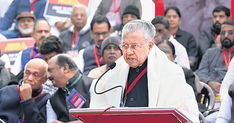 CM Pinarayi Vijayan addresses the gathering during LDF protest against the Centre over alleged neglect and partiality in allocation of funds to Kerala and other
non-BJP ruled states, at Jantar Mantar, in New Delhi on February 08 2024.