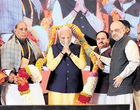 Prime Minister Narendra Modi, BJP chief JP Nadda and Union ministers Amit Shah and Rajnath at the party’s national convention on Sunday.