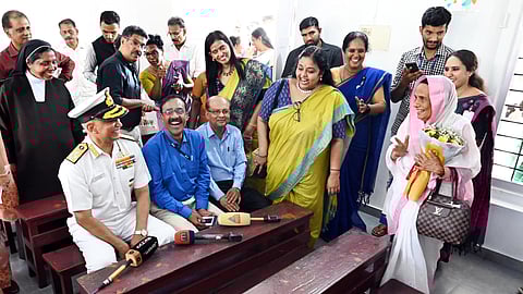Chief of Naval Staff Admiral R Harikumar at his old classroom at the Carmel Convent School at Vazhuthacaud in Thiruvananthapuram on Tuesday. The naval chief was accorded a warm reception at his alma mater.