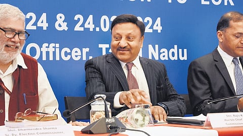 Chief Election Commissioner Rajiv Kumar and poll panel officers at a consultative meeting with collectors and police officials in Chennai on Friday.