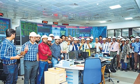 Officials celebrate after NTPC Telangana Unit 2 attained full load capacity in Ramagundam on Sunday, Feb 4, 2024.