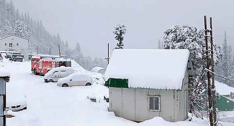 Roads and vehicles covered in snow after fresh snowfall at Atal Tunnel, in Manali, Wednesday, Jan. 31, 2024.
