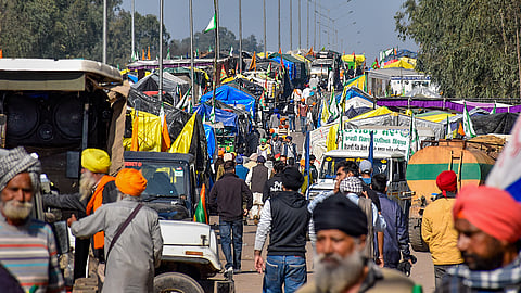 Tractors and trolleys of the protesting farmers parked on a highway during their ongoing protest over various demands, including a legal guarantee of minimum support price (MSP) for crops, at the Punjab-Haryana Shambhu Border