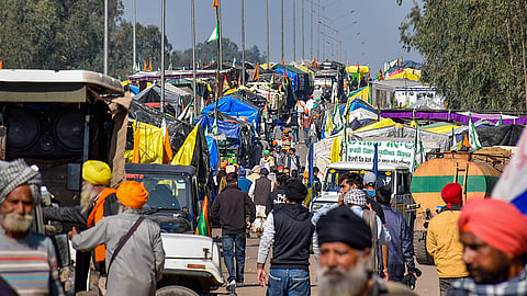 In this file photo, tractors and trolleys of the protesting farmers parked on a highway during their protest last year over various demands, including a legal guarantee of minimum support price (MSP) for crops, at the Punjab-Haryana Shambhu Border