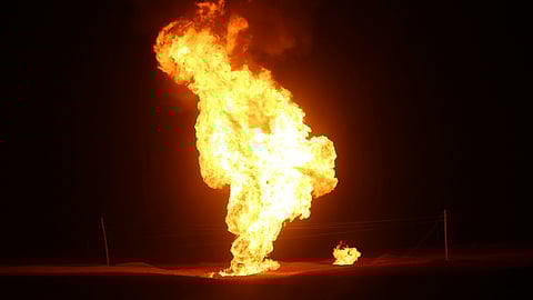 Flames leap into the air after a natural gas pipeline explodes outside the city of Boroujen in the western Chaharmahal and Bakhtiari province, Iran, in early Wednesday, Feb. 14, 2024.