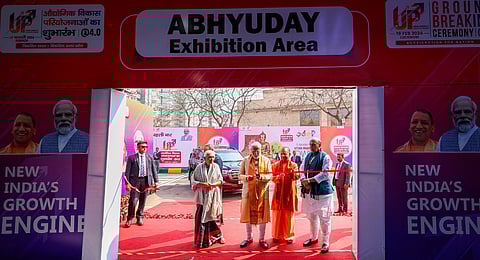 Prime Minister Narendra Modi with Uttar Pradesh Governor Anandiben Patel, Defence Minister Rajnath Singh and UP Chief Minister Yogi Adityanath during the 4th groundbreaking ceremony of UP Global Investors' Summit, in Lucknow, Monday, Feb. 19, 2024.