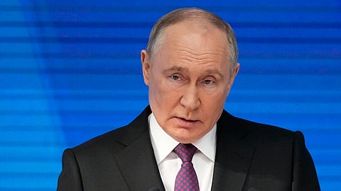 Russian President Vladimir Putin delivers his state-of-the-nation address in Moscow, Russia, Thursday, Feb. 29, 2024.