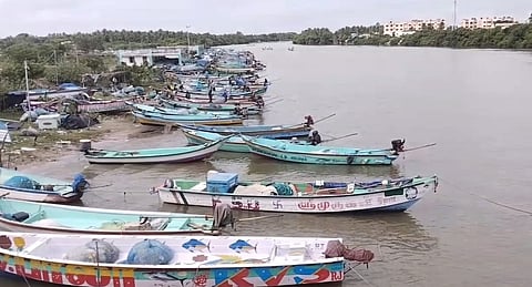 Boats remained berthed at harbour in Nagapattinam on Tuesday