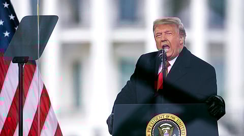 Then-US President Donald Trump speaks during a rally protesting the Elector College's certification of Joe Biden's win in the 2020 presidential race in Washington on January 6, 2021.