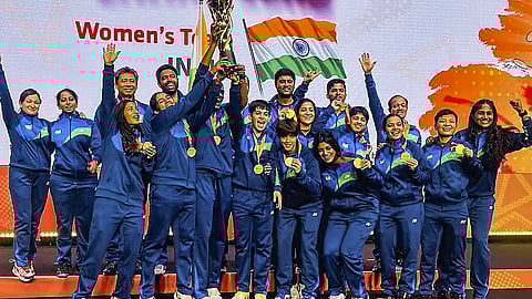 Indian women team celebrates after winning the Badminton Asia Team Championships with a 3-2 victory over Thailand in Selangor, Malaysia.