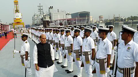 Defence Minister Rajnath Singh at the naval dockyard for the commissioning of India’s 1st survey ship INS Sandhayak.