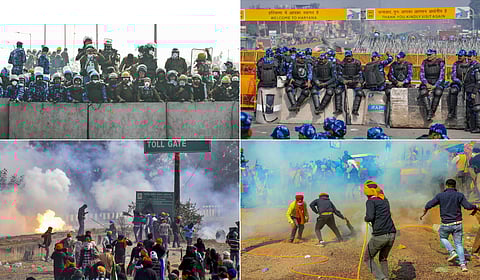 (Top) (R) Police and RAF personnel block a highway in Shambhu; (L) security beefed up at the Singhu border in New Delhi.
(Bottom L and R) Security forces fire tear gas shells at 'Delhi Chalo' protestors at the Punjab-Haryana borders.
