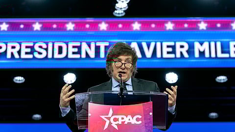 Argentina's President Javier Milei speaks during the Conservative Political Action Conference, CPAC 2024, at National Harbour, in Oxon Hill, Md., Feb. 24, 2024.