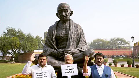 IUML (Indian Union Muslim League) MPs protest at the Gandhi statue during the Budget session of Parliament.