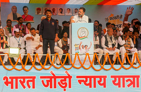 Rahul Gandhi addresses a public meeting during the Bharat Jodo Nyay Yatra, in Chandauli district, Friday, Feb. 16, 2024.