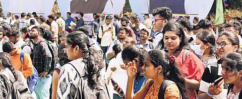 Youngsters attend the Yuva Samruddhi Sammelana at Palace Grounds in Bengaluru on Monday, Feb 26, 2024.