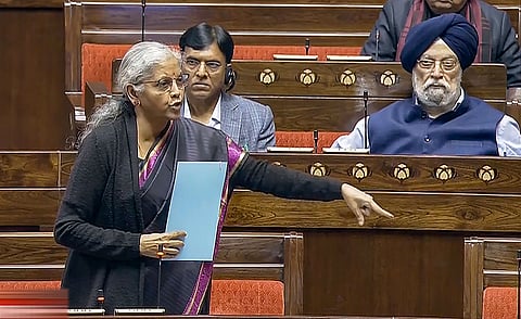 Union Finance Minister Nirmala Sitharaman speaks in the Rajya Sabha during the Budget session of Parliament, in New Delhi, Saturday, Feb. 10, 2024.