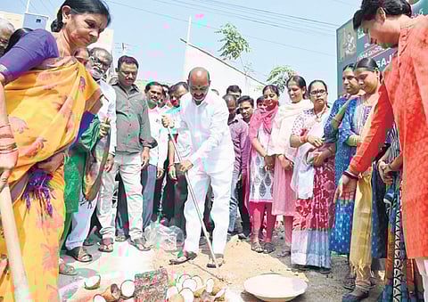 BJP national general secretary and MP Bandi Sanjay Kumar lays the foundation stone for a development work in Karimnagar on Tuesday