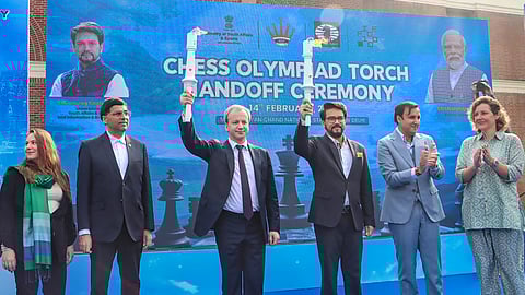 Union Minister for Youth Affairs and Sports Anurag Thakur, FIDE President Arkady Dvorkovich, former world chess champion Viswanathan Anand and Hungarian chess legend Judit Polgar during Chess Olympiad Torch hand-off ceremony and FIDE's 100th anniversary celebration at Major Dhyan Chand National Stadium, in New Delhi.