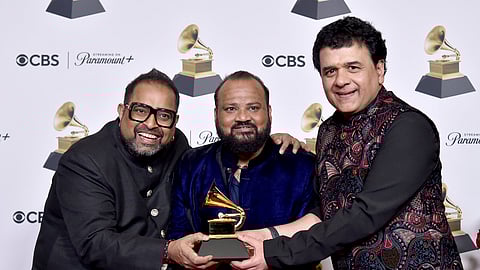 Shankar Mahadevan, from left, V Selvaganesh, and Ganesh Rajagopalan of Shakti pose in the press room with the award for best global music album for "This Moment" during the 66th annual Grammy Awards on Sunday, Feb. 4, 2024, in Los Angeles.