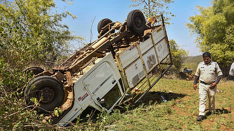 The pick-up vehicle that overturned in an accident killing 14 people and injuring 20 others, in Dindori district, Thursday, Feb. 29, 2024. The accident took place in the wee hours.