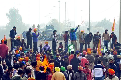 Farmers stage a 'Delhi Chalo' march at the Punjab-Haryana Shambhu border over their various demands, near Ambala on Tuesday