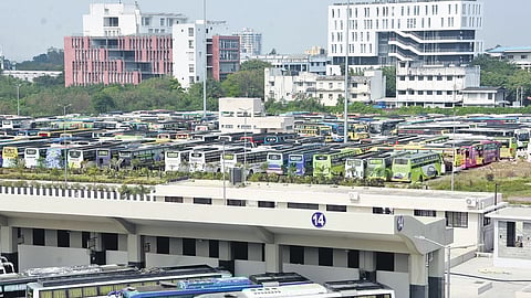 Omni buses stationed at the Kalaignar Centenary Bus Terminus at Kilambakkam in Chennai.