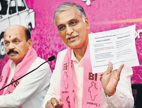 BRS MLA T Harish Rao addresses the media at the Telangana Bhavan on Wednesday